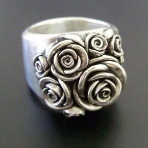 Vintage 925 Silver Plated 3D Carved Rose, Flower, Floral Wide Band Boho Ring